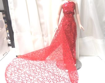 Sequined 18-inch Kitty Collier dress with long sheer sequined train and Free necklace