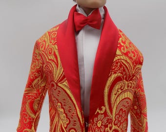 Red and Gold Brocade Tuxedo ensemble--Fits 16.5 to 17-in male fashion Dolls