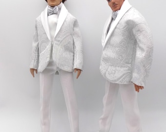 White/Silver Brocade 17 Tuxedo Ensemble--Fits 17 in male fashion dolls