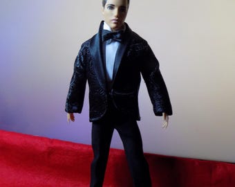Black Brocade 12 Tuxedo with free panel shirt and tie-fits 12-inch male fashion dolls