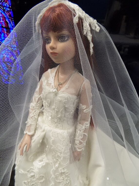 Handmade white wedding dress with delicate lace and veil for 11.5in dolls