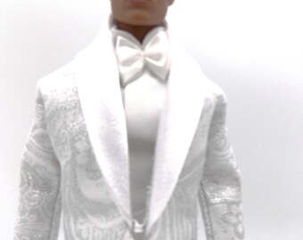 White and silver brocade tuxedo ensemble--Fits 13' Homme 1.5 body