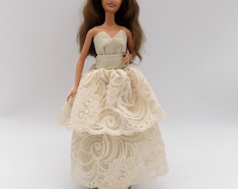 Tiered beige lace and satin evening gown fits standard 12 in fashion dolls