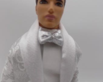 White/silver Brocade 12-in Tuxedo Ensemble--Fits standard 12-in male fashion dolls