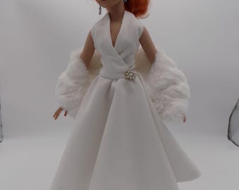 White Halter dress with faux fur stole and Free Purse-Fits 18-in Kitty Collier dolls