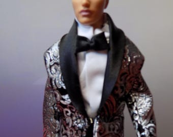 Black and Silver Paisley Brocade 12 Tux-fits standard 12 in male fashion dolls