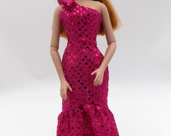 Fuchsia off shoulder, ruffled, faux sequin dress- Fits 15.5 to 16 in fashion dolls