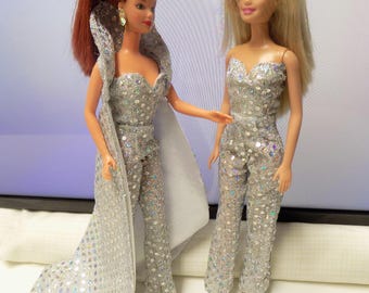 Silvery sequined cape and jumpsuit-fits standard 11.5 in fashion dolls