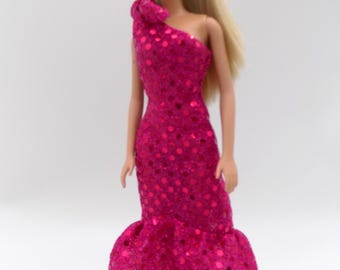 Fuchsia off-shoulder Faux sequin dress--Fits 11.5 in standard fashion dolls