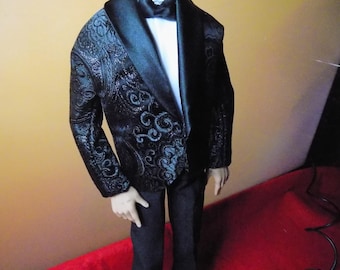 Black tuxedo with brocade jacket and free shirt and tie-Fits 16.5-17inch male dolls