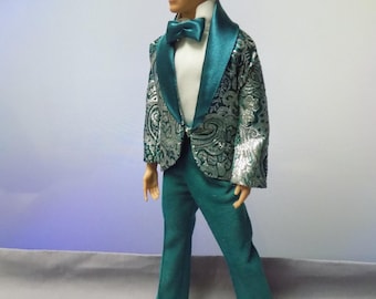 Teal and silver brocade tuxedo ensemble- fits standard 12" male fashion dolls