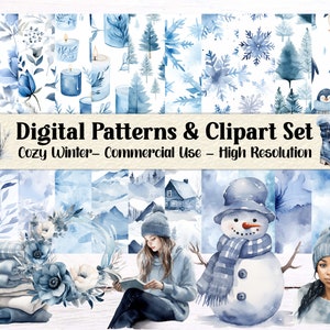 Cozy Winter Blue Clipart Bundle | Holiday Clipart PNGs and Seamless Papers | Digital Papers | Commercial Use | Xmas Patterns