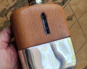 VINTAGE Leather Flask by James Dixon Model 585, Leather Hip Flask Silver Plated Made in England Vintage Gentleman Barware Hunting Flask Gift