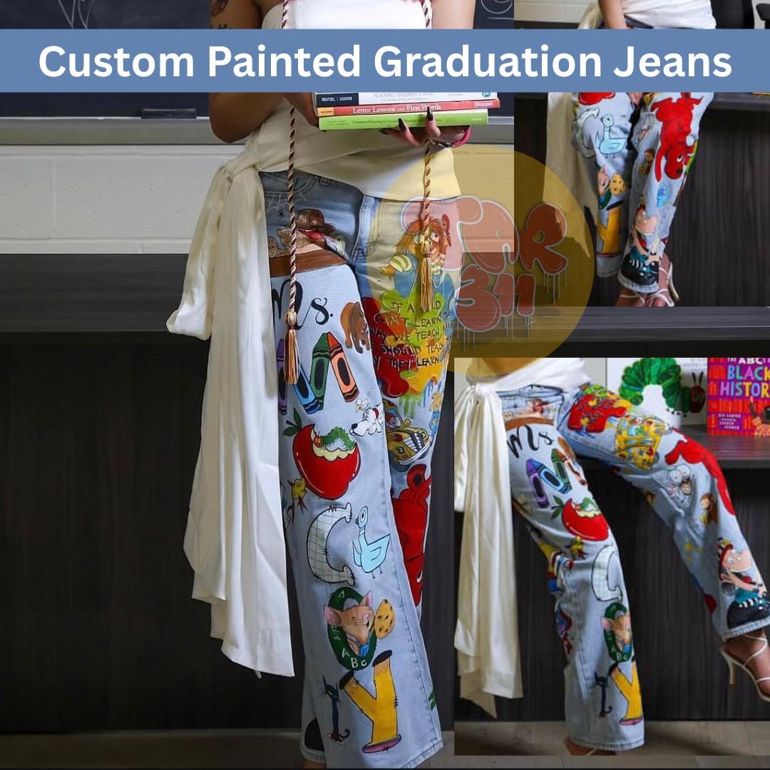 Custom Painted Graduation Jeans – Hand-painted Storybook Art