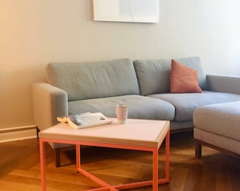 Coffee table with eco-linoleum table tops and steel frame individually made to measure