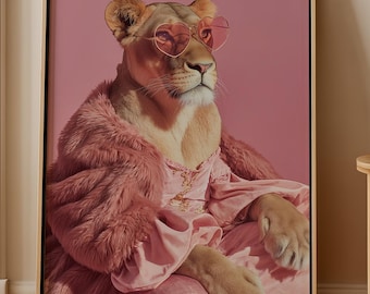 Lioness Wall Art, Fashion Lion Print, Glam Animal Poster, Pink Lioness Decor, Stylish Feminine Wall Art Printable