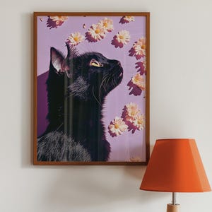 Black Cat Wall Art Pink Daisy Print Digital Download Purple Aesthetic Room Decor Cat Lover Gift Floral Art Print Instant Download