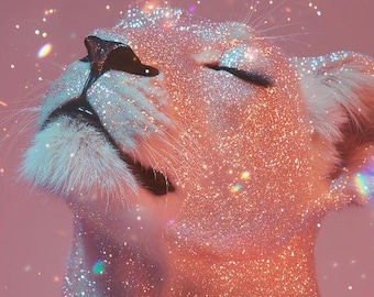 Lioness Wall Art, Pink Lion Print, Glam Animal Wall Decor, Celestial Lion Poster, Feminine Animal Art Printable