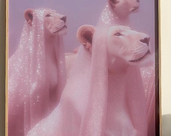 Lioness Wall Art, Pink Lion Poster, Feminine Glam Animal Print, Sparkly Surreal Jungle Decor Printable