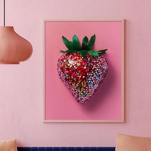 Glitter Strawberry Wall Art - Pink Fruit Print - Aesthetic Kitchen Decor - Digital Download