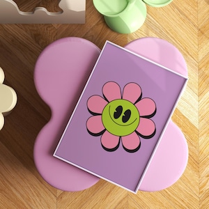Retro Cartoon Smiling Flower Print: Orange Wall Art (PDF Files)
