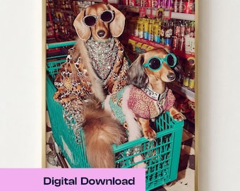 Dachshund Wall Art, Fashionable Dogs in Shopping Cart Print (Digital Download)