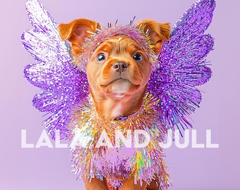 Skurril Hund Portrait zum ausdrucken, Fantasy Glitter Welpen Art, surreale Flügel (digitaler Download)