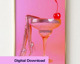 Cocktail wall art, martini glass, pink poster, digital download