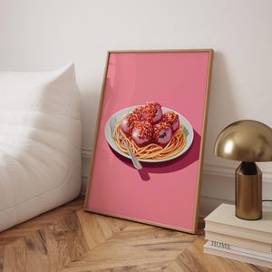 Impressão de Almôndegas Disco – Arte Surreal com Espaguete Brilhante | Download Digital Pop para Decoração de Cozinha Ousada