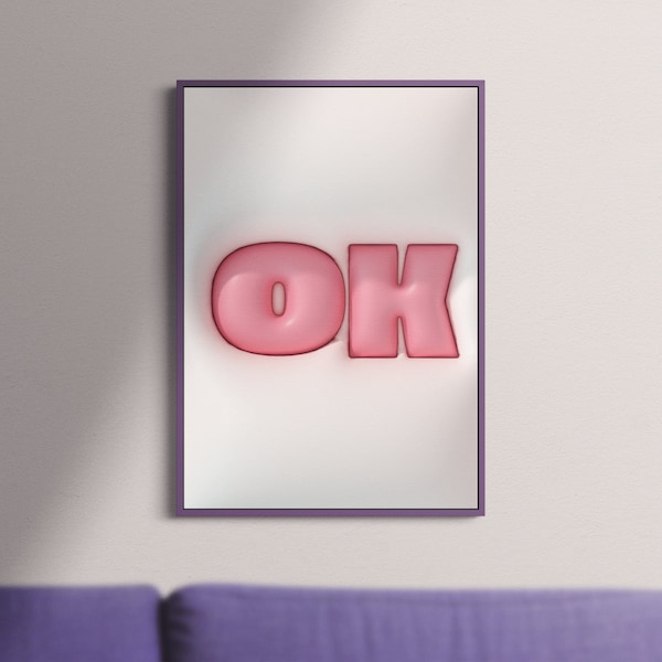 3D OK Typography, Pink and White Print, 3D typography Illustration, positive vibe, Wall Art, Cartoon Typography