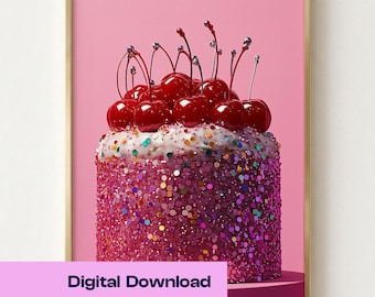 Cherry Cake Print, Pink Dessert Wall Art, Kitchen Bakery Decor (Digital Download)