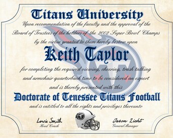 Tennessee Titans Ultimate Football Fan Personalized Diploma - Perfect Gift - 8.5" x 11" Parchment Paper