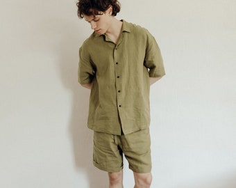 Olive linen men outfit, green pants and shirt for men, modern linen aesthetic, mens casual linen set, Fathers day gifts for dad