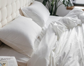 Bedding in white, Stonewashed bed Cotton, Pure luxury bedset, Softened duvet set duvet set - Duvet Cover, Pillowcases - Twin Queen King