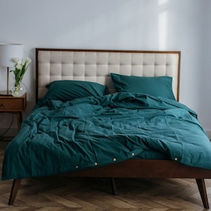 Elegant Natural Cotton Bedding Set, Dark Turquoise Duvet Cover, 100% Cotton Pillowcases, Romantic Bedding Set, Queen Size Organic Bedding