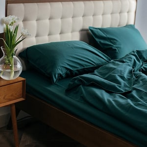 Green Cotton Duvet Cover with Flat Sheet, Pillowcases, Custom Size King Queen Twin Bedding Set, Organic Sustainable Bedroom Decor