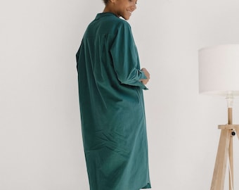 Emerald Green Long Sleeve Cotton Night Dress, Womens Nightgown, Cotton Pajamas Women, Elegant Cotton Sleepwear for Her