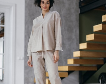 Beige Cotton Pajama, Almond Cotton Pants & Shirt, Long Sleeve Home Clothes, Lounge wear Set, Women Pajamas, Sleepwear for her, Mom gift idea
