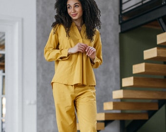 Pyjama pour femmes, 100% coton ocre jaune, ensemble de pyjama, vêtements de nuit pour femmes, ensemble de pyjamas à manches longues, vêtements haut de gamme pour femmes, vêtements de nuit en coton