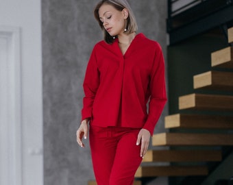 Red Cotton Pajama Set Women, Red Women Pajama, Pajama 100% Cotton, Women Organic Cotton Clothing, Red Loungewear, Red Sleepwear