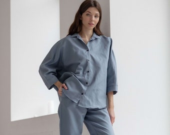 Women Grey Pajama Set, Cotton Pajama Set, Cotton Loungewear, Cotton Sleepwear, Womens Loungewear, Long Sleeve Pajama, Cotton Women Homewear