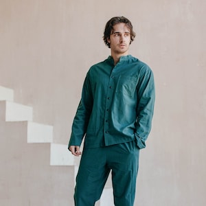 Men&#39;s Stonewashed Cotton Pajama, Emerald Cotton Pajama for Him, Organic Pajama Set, Comfy Sleepwear For Husband, Long Sleeve Shirt & Pants