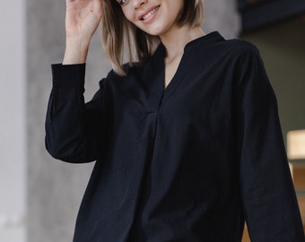 Cozy Black Long Sleeve Pajamas Set, Pant & Shirt Pajama, 100% Cotton Pajama Set, Loungewear for Women, Cotton Sleepwear, Gift For Girlfriend