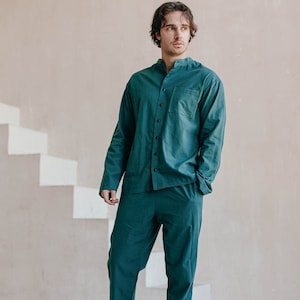 Men&#39;s Emerald Pajama, Cotton Pajamas for Men, Men&#39;s Home Clothes, Cotton Sleepwear, Natural Pajama Pants For Men, Dark Green Pajama Set