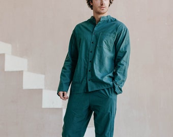 Men&#39;s Emerald Pajama, Cotton Pajamas for Men, Men&#39;s Home Clothes, Cotton Sleepwear, Natural Pajama Pants For Men, Dark Green Pajama Set