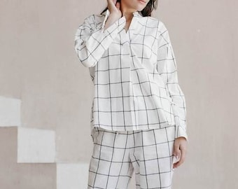 Charming Gridded Pajamas Set, Women's Sleepwear, 100% Cotton Pajama, Home Clothes For Her, Pant & Long Sleeve Shirt, Personalized Pajama Set