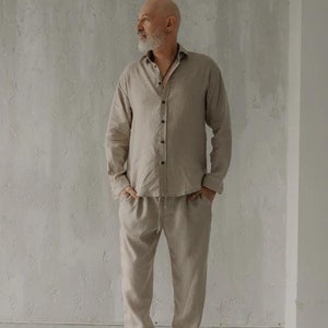 Linen Pajamas for Men, Two Piece Lounge Set with Long Sleeve Shirt and Pants, Comfortable Linen Sleepwear, Mens Clothing, Gift for Him