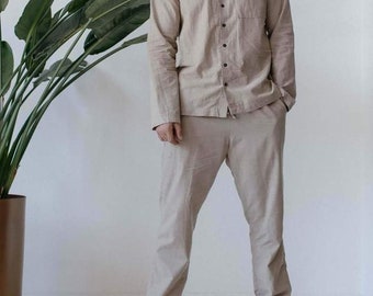 Beige Mens Cotton Pajama Set, Sleepwear Pants and Shirt, Groomsmen Gift Idea, Loungewear Set for Men, Minimalist PJs