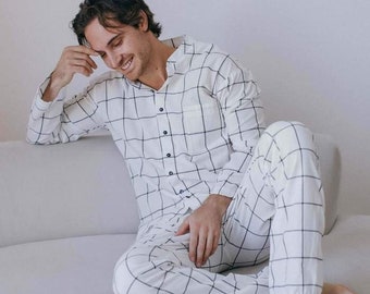 Gridded Cotton Mens Pajamas, Cotton Pajama Pants for Men, Mens Stonewashed Cotton Pajamas, Natural Men's Sleepwear, Men's Checkered Pajamas