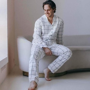 Pantalon de pyjama 100 % coton pour homme, pyjama en coton délavé pour homme, pyjama en coton blanc quadrillé pour homme, vêtements de nuit pour homme naturel